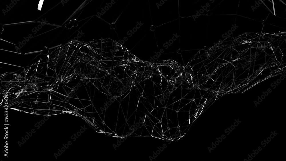 Poster looped dark animated background. mesh with spheres is deformed on a black background. 3d render