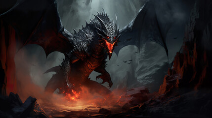 Fototapeta premium DnD Battlemap Skeletal Dragon surrounded by shadow, emitting darkness.