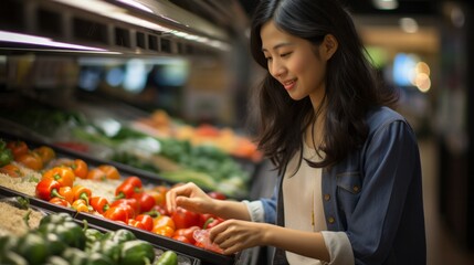 A woman admiring a colourful assortment of fresh vegetables at a supermarket