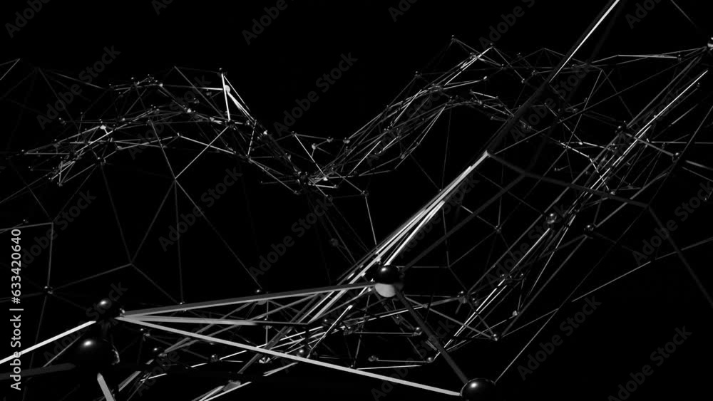Poster looped dark animated background. mesh with spheres is deformed on a black background. 3d render