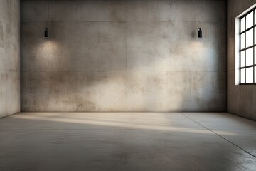An empty hallway room with modern concrete walls, a rough floor, and a ceiling light casting shadows. This industrial interior background template is depicted in a .