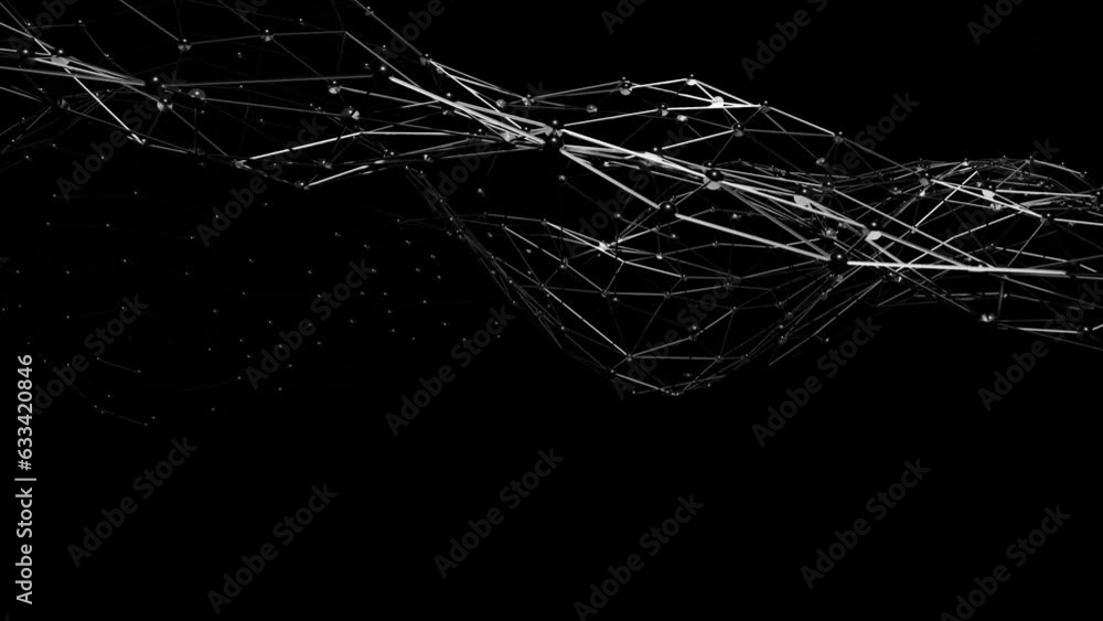 Poster looped dark animated background. mesh with spheres is deformed on a black background. 3d render