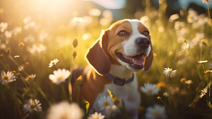 Smiling Beagle sitting in the middle of the field of daisies