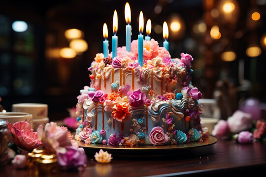 big birthday cake with candles for congratilations