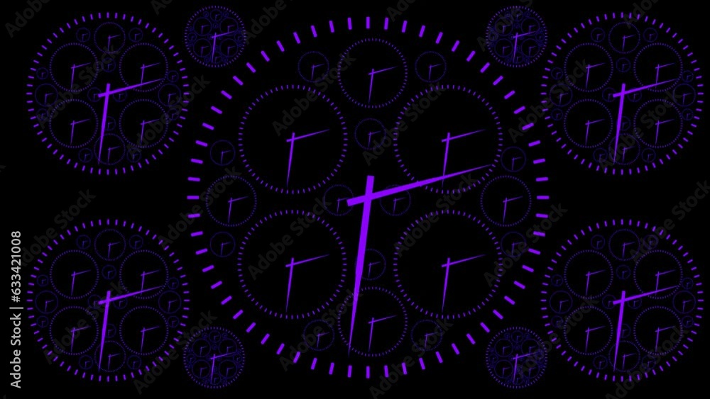 Poster purple luminous clock face with rotating arrows on a black background. timelapse. 3d render