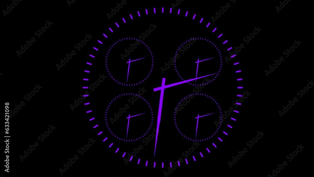 Poster purple luminous clock face with rotating arrows on a black background. timelapse. 3d render
