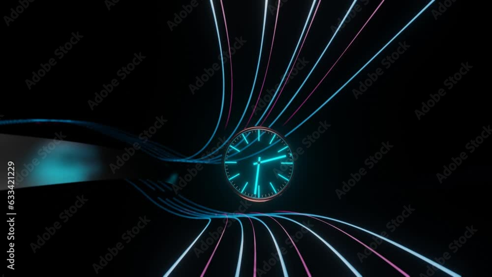 Poster a blue luminous clock face with rotating hands flies in a dark endless tunnel of luminous lines. tim