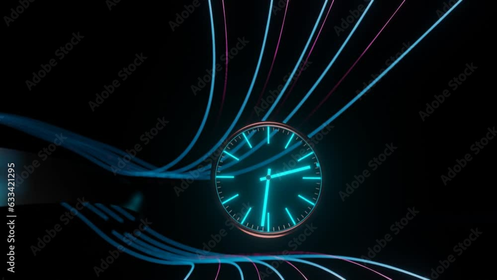 Poster a blue luminous clock face with rotating hands flies in a dark endless tunnel of luminous lines. tim