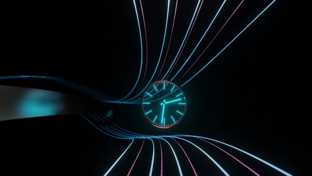a blue luminous clock face with rotating hands flies in a dark endless tunnel of luminous lines. timelapse. 3d render