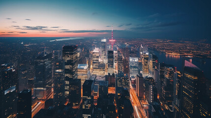 Fototapeta na wymiar Bird's eye view of a sprawling cityscape during twilight, glowing city lights, bustling traffic, skyscrapers shimmering