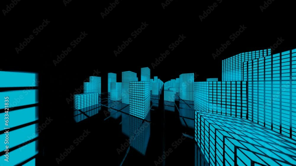 Poster looped animated background. flying through a stylized 3d city with blue glowing windows.. 3d render