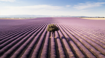 Majestic bird's eye view of an ethereal lavender field, rows forming a rhythmic pattern, lone tree in the middle
