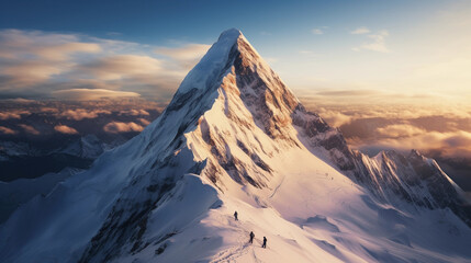 Naklejka na ściany i meble a breathtaking Alpine peak, blanketed in snow, climbers heading to the summit, early morning light