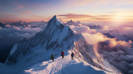 a breathtaking Alpine peak, blanketed in snow, climbers heading to the summit, early morning light