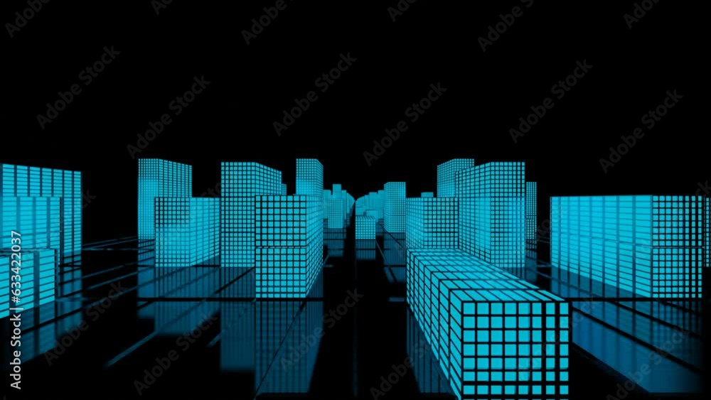 Poster looped animated background. flying through a stylized 3d city with blue glowing windows.. 3d render