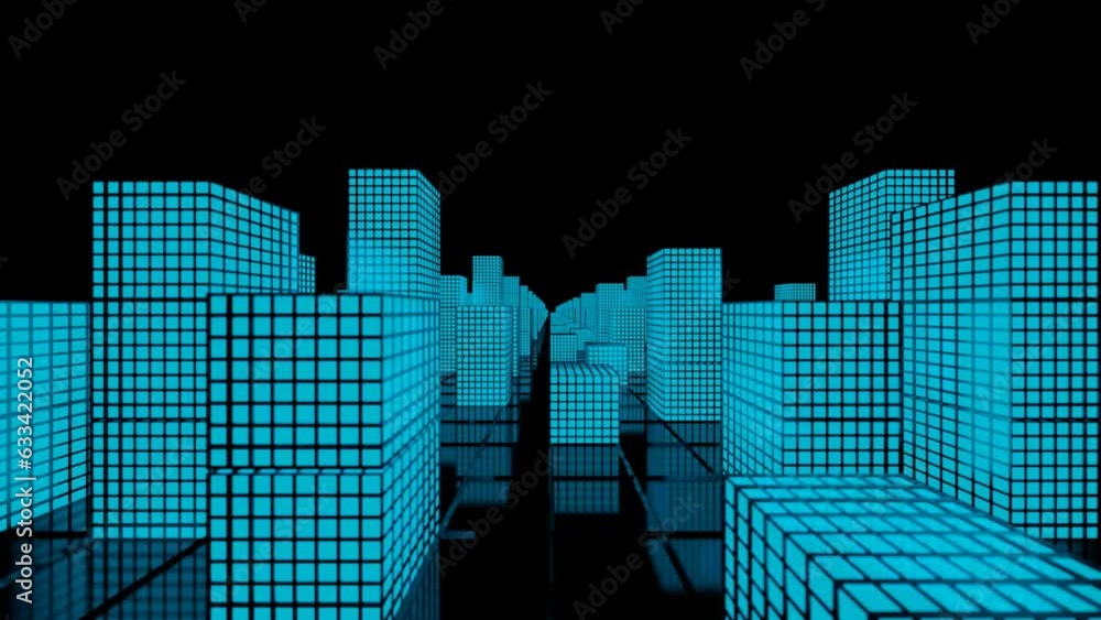 Poster looped animated background. flying through a stylized 3d city with blue glowing windows.. 3d render