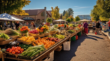 Quaint farmer's market scene, bustling with locals, variety of fresh produce, vibrant colors, warm morning
