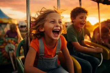 Tuinposter Small town community fair, children laughing, rides in motion, vibrant colors, sunset © Marco Attano