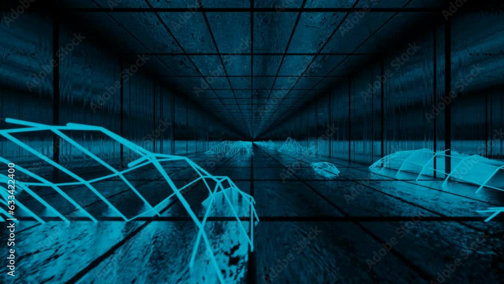 Poster looped animated background. flying through a dark endless tunnel with a blue glow. 3d render