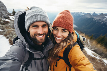 Fototapeta na wymiar Generative AI self portrait of excited couple beat friends traveling together making selfies blogging exploring mountain lovely lake