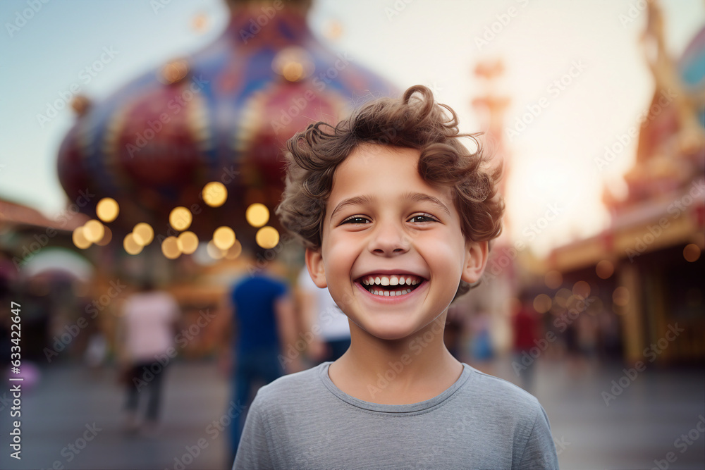 Poster Generative AI illustration funny little kid visiting amusement park summer holidays joyfully smiling best day leisure