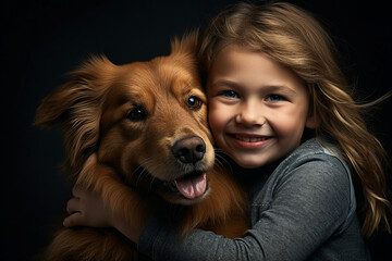 Generative ai collage image of kid hug embrace cute adorable dog puppy on black background - Powered by Adobe