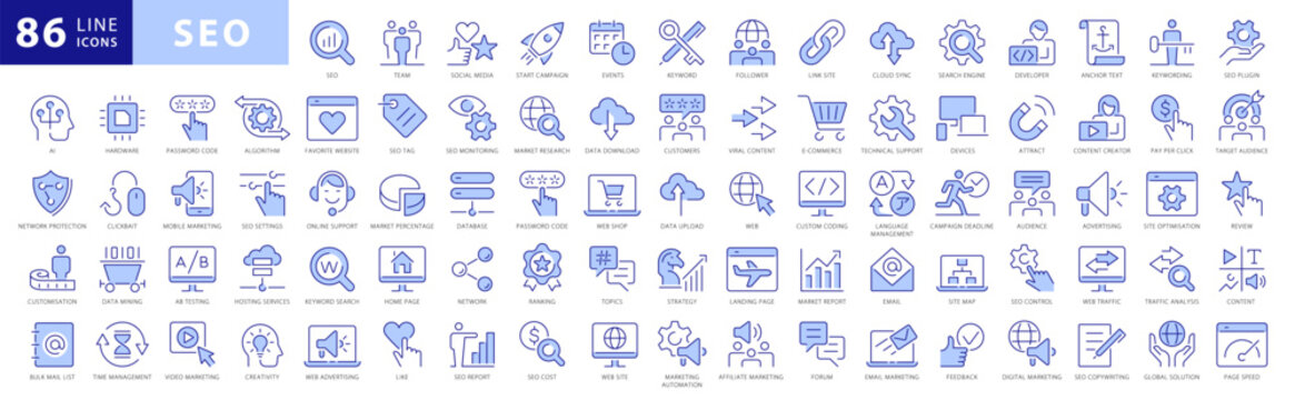 Seo Vector icon set. Search Engine Optimization Blue and White icon collection. With topics like business, search, target, ranking, optimization, content and keyword.