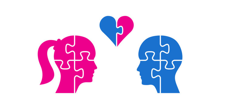 Man, woman heads, love couple with puzzle shape heart vector illustration. Love concept design with male female face profile and heart shape jigsaw puzzle.
