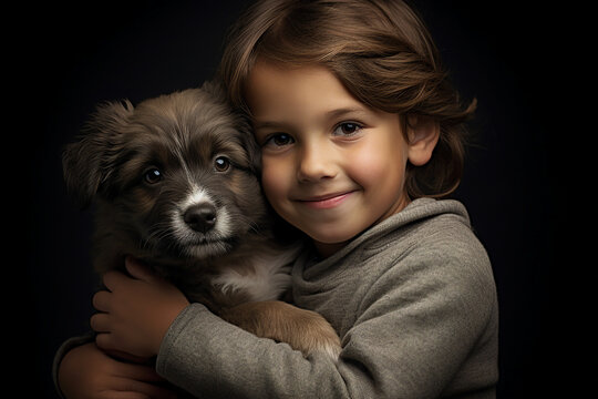 Generative ai collage image of kid hug embrace cute adorable dog puppy on black background