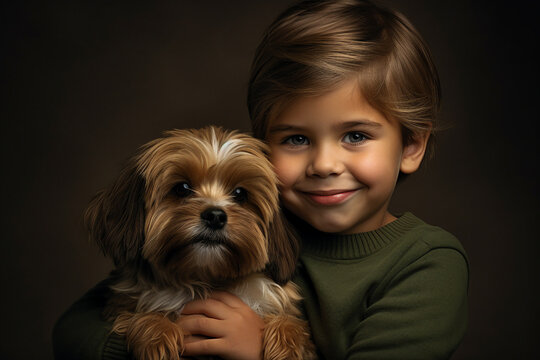 Generative ai collage image of kid hug embrace cute adorable dog puppy on black background