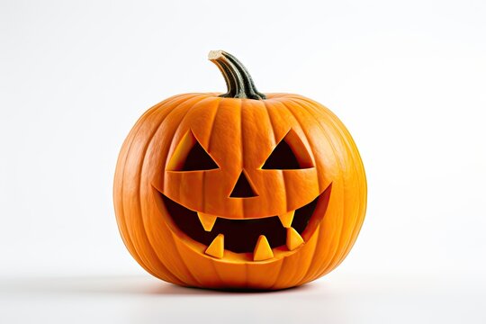 A spooky jack o lantern pumpkin on a clean white background