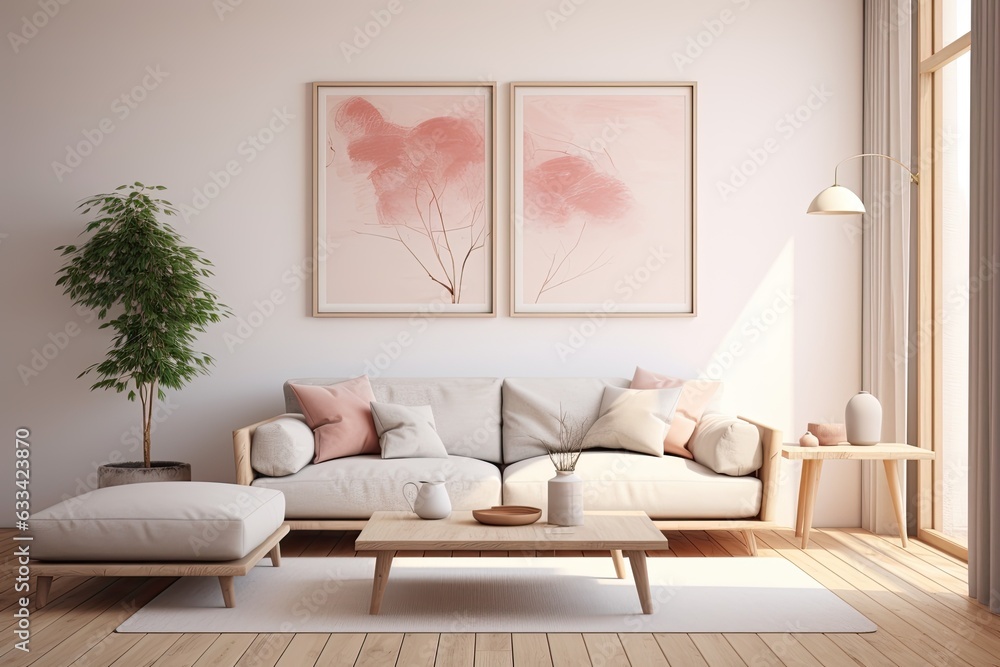 Poster present a digital representation of a simplified and clean interior environment featuring a rendered frame mockup.