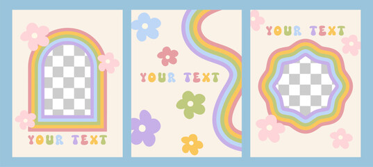 Set groovy post and story template. Cute retro backgrounds with rainbow colors. Social media frame for stories and posts with hippies aesthetic 60-70s. Minimalistic vintage vector art design - obrazy, fototapety, plakaty