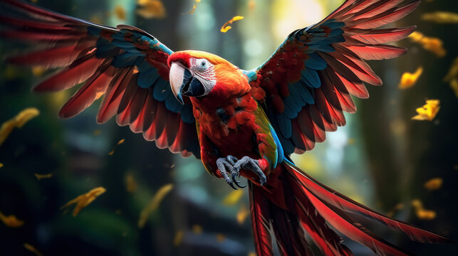 a flying parrot in the green tropical