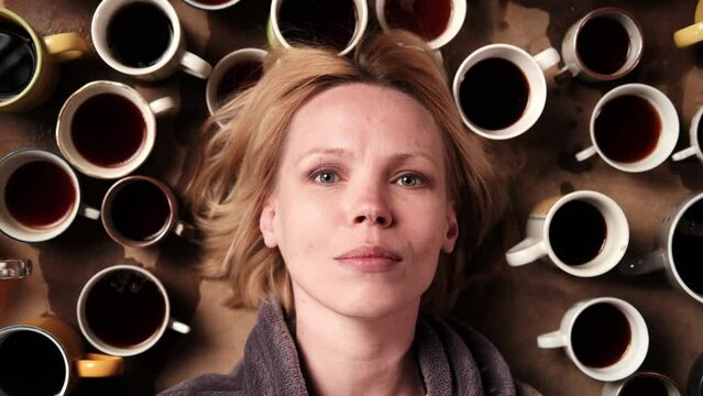 A woman looks at the camera among the many cups of coffee. Deadline, overtime, caffeine addiction concept.