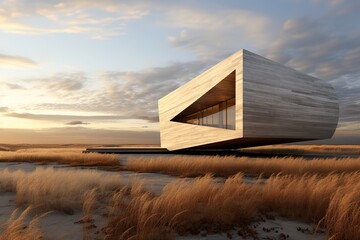 modern minimalist wooden architecture against a backdrop of fields