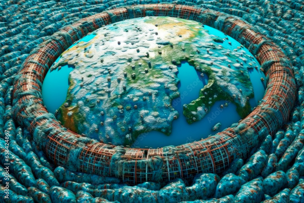 Poster earth floating with plastic danger for environment - generative ai