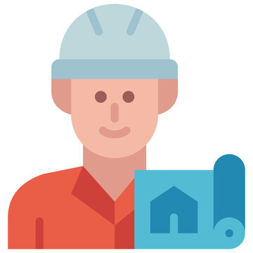 Engineer Avatar, Architect in Helmet Thin Line Flat Color Icon