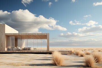 modern minimalist wooden architecture against a backdrop of fields
