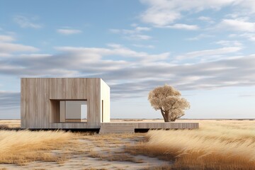 modern minimalist wooden architecture against a backdrop of fields