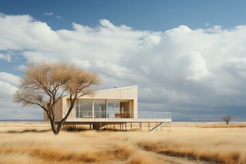 Fototapeta na wymiar modern minimalist wooden architecture against a backdrop of fields