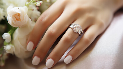 Obraz na płótnie Canvas Beautiful female hands with manicure close-up, modern stylish wedding nail design, hands of the bride, generative ai