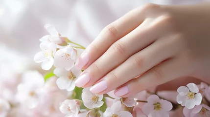 Gordijnen Beautiful female hands with manicure close-up, modern stylish wedding nail design, hands of the bride, generative ai © Henryzoom