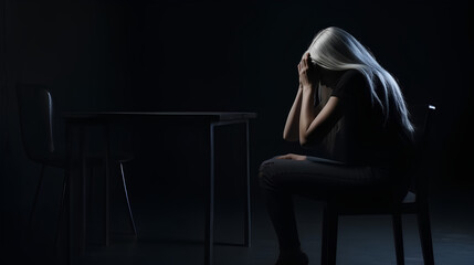 Depressed woman sitting on a chair in dark room at home. Lonely , sad, emotion concept, holding her head