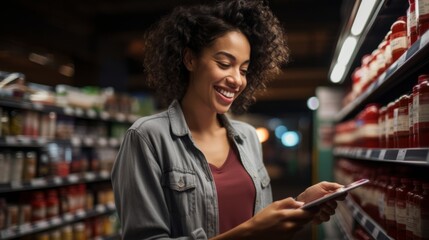 A woman browsing food options in a supermarket while checking her shopping list on her mobile device