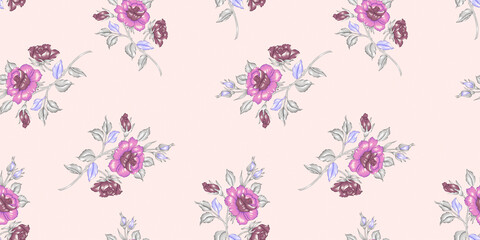 Seamless watercolor floral pattern - pink blush flowers elements, green leaves branches on dark black background; for wrappers, wallpapers, postcards, greeting cards, wedding invites, romantic events.