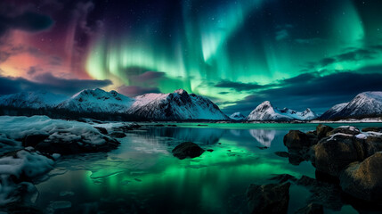Obraz na płótnie Canvas Green Northern Lights Dancing Above Snowy mountains