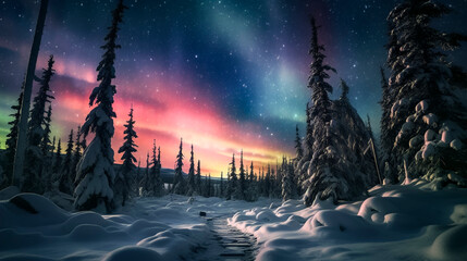 Fototapeta premium Vibrant Aurora Borealis Over Snowy Pine Forest