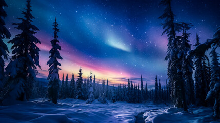 Vibrant Aurora Borealis Over Snowy Pine Forest