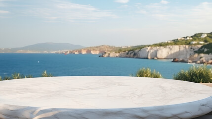 White marble table top on blur ocean sea island and blue sky background - can be used for display or montage your products